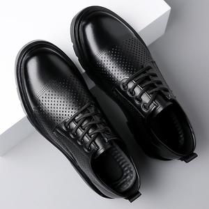 Zapatos Oxford de Cuero para Hombre, Punta Redonda, Transpirables, Suela de Goma, para Boda, Primavera, Negros, con Cordones, Estilo Sólido - Product Image 3