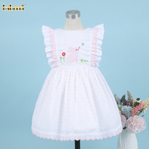 Robe de bal pour filles en coton respirant à broderie de lapin ODM/OEM, longueur genou, été, vêtements pour bébés smockés - Product Image 2