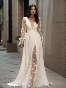 Suministro de vestidos de novia para mujer 2026, vestido formal de estilo europeo y americano, vestido de novia largo de manga larga con cuello en V profundo - Product Image 1