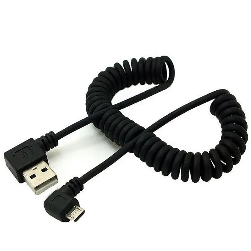 1,5 m ángulo recto USB macho a ángulo recto codo Micro USB Cable retráctil en espiral