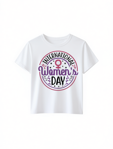 T-shirt casual bianca da donna a maniche corte con stampa grafica per la Giornata Internazionale della Donna, girocollo, vestibilità comoda, 100% cotone - Product Image 1