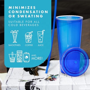 Gobelets isothermes réutilisables à double paroi de 710 ml (24 oz) – <span class=keywords><strong>Gobelet</strong></span> en <span class=keywords><strong>plastique</strong></span> transparent bleu de 24 oz avec couvercles et pailles - Product Image 6