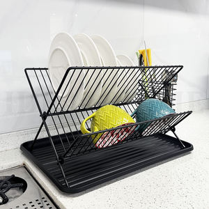 Égouttoir à vaisselle pliable à 2 niveaux en fil métallique noir avec revêtement par pulvérisation, support de rangement pour comptoir de cuisine - Product Image 2
