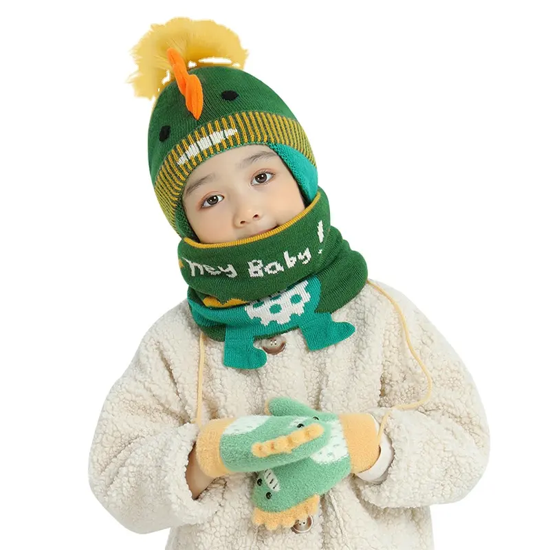 Cute Baby Kids Warm Cartoon Knitted Hat and Scarf 2-piece Set Korean Winter Knit Dobby Pompom Kids Beanie Hat Scarf Set