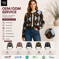Vente en gros ODM OEM – Pull col rond à manches longues style preppy, tricot décontracté, cardigan en crochet Argyle pour femme pour l'hiver