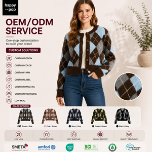 <span class=keywords><strong>Cardigan</strong></span> da <span class=keywords><strong>Donna</strong></span> in Maglia Stile Preppy con Collo a Girocollo e Maniche Lunghe, Design Argyle all'Uncinetto per l'Inverno, Produzione ODM OEM all'Ingrosso - Product Image 2