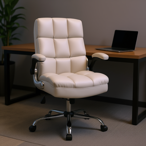 Silla de Oficina Giratoria Ajustable con Respaldo Alto, Cuero Beige, Brazos Abatibles, Ajuste Manual, Base Cromada, para Oficina en Casa - Product Image 2