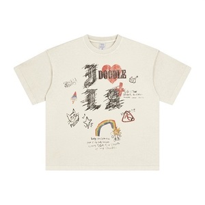 Camiseta de Manga Corta Unisex Holgada con Hombros Caídos, 260g, de Lino y Algodón Tejido, Lavado Pesado, con Corazón Arcoíris de Graffiti Dibujado a Mano, Estilo Vintage - Product Image 1