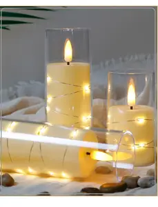 Juego de 3 piezas de velas LED de cristal transparente decoración de la boda velas luces parpadeantes cabeza de lujo velas LED luz con cadena de luz