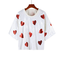 En stock, haut en sequins, haut rouge à cœurs, haut à col rond ample à manches courtes personnalisé pour la Saint-Valentin