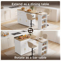 Îlot de cuisine roulant extensible avec plan de travail en bois massif, armoire de rangement, tiroirs et étagère ouverte pour maison moderne, hôtel, atelier, salle à manger