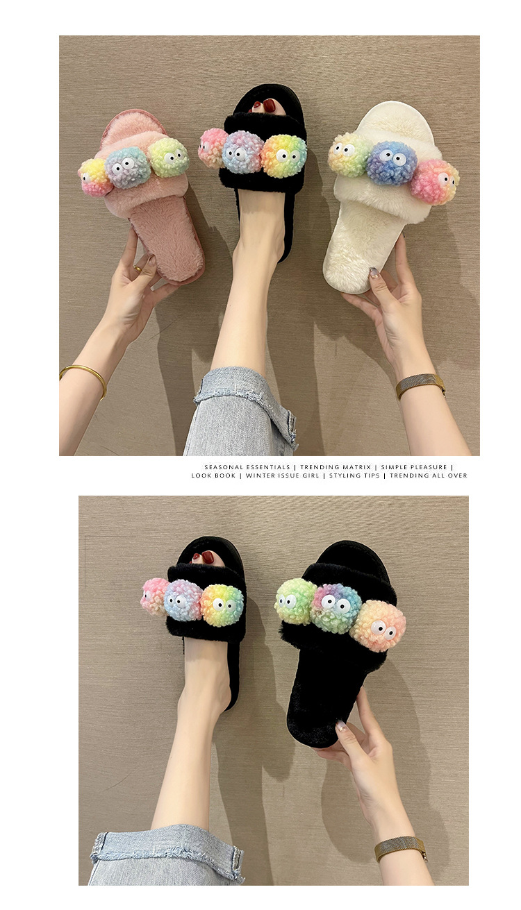 Fashion Cartoon Cute Fluffy Slippers for Women Casual Flat Wool Ball Cotton Slippers