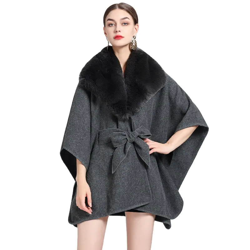 Poncho suelto con cuello de piel de conejo para mujer, chal de piel sintética con pajarita, Invierno