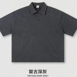 Polo en coton délavé vintage pour homme, manches courtes, couleur unie, logo personnalisé, streetwear décontracté - Product Image 2