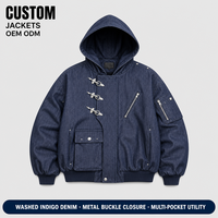 Blouson Bomber Homme Bleu Personnalisé en Jean Surdimensionné à Capuche avec Fermeture Éclair, Poches Cargo Utilitaires et Poignets et Ourlet Côtelés pour Tenue de Travail Vintage