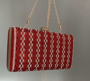 <b>Red</b> Satin Beaded Evening Clutch with Tassel and Gold Chain Strap Geometry Pattern Elegant Women <b>Handbag</b> - Product Image 1