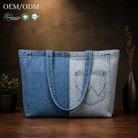 Sac fourre-tout en jean patchwork pour femmes, sac fourre-tout de shopping avec poche avant personnalisable, sac à main en toile de jean grande capacité tendance