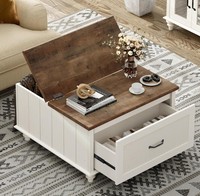Meilleur vendeur, table basse en bois carrée avec grand compartiment de rangement caché et tiroir latéral, plateau relevable