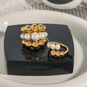 Anillo de Perlas de Oro de 18k con Diseño de Bola de Acero Inoxidable, Forma Geométrica, Engaste de Bisel, Joyería Unisex para Uso Diario - Product Image 2