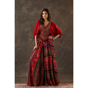 Robe longue de style kaftan brodée rouge, imprimé tribal, élégante, tenue ethnique pour fêtes, mariages, festivals, pour femmes - Product Image 1