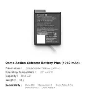 แบตเตอรี่ <span class=keywords><strong>Osmo</strong></span> Action Extreme <span class=keywords><strong>Plus</strong></span> 34 กรัม 1950 มิลลิแอมป์ สำหรับกล้อง <span class=keywords><strong>Osmo</strong></span> Action 6/ 5 Pro/ 4/ 3 อุปกรณ์เสริมกล้อง - Product Image 6