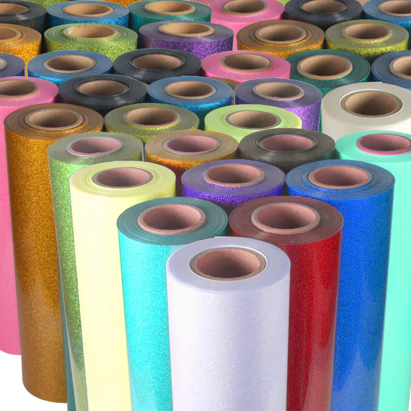 Benutzer definierte Korea Qualität verschiedene Farben Eisen auf htv Textil presse Flocken Glitzer Wärme übertragung Vinyl folie Blätter Rollen für T-Shirts