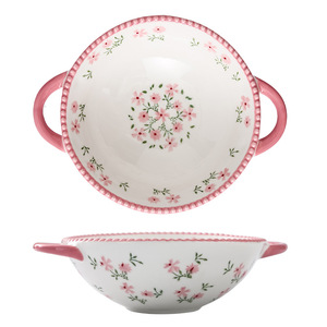 Bol à nouilles instantanées en céramique de 6 pouces pour la maison et le commerce, motif floral frais, anti-brûlure, à double poignée, créatif, vente en gros - Product Image 2