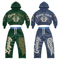 Hoodie Crop Berhias Rhinestone Custom dan Celana Sweatpants Baggy Dua Potong, Setelan Tracksuit Streetwear untuk Pria