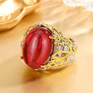 Bijoux écologiques en cuivre plaqué or, ovales, 13*18 mm, avec corindon rouge et zircon, pour femmes, grandes bagues à bande creuse - Product Image 2