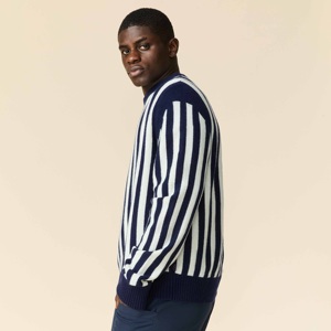 <span class=keywords><strong>Pull</strong></span> col rond à rayures verticales bleu marine et blanc pour homme, tricoté à rayures audacieuses, style <span class=keywords><strong>marin</strong></span> - Product Image 2
