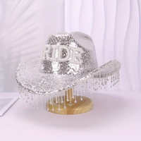 Chapeau de cowboy bohème en gros avec sequins argentés, strass et franges pour mariée, enterrement de vie de jeune fille, mariage, chapeaux de fête personnalisés pour femmes