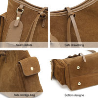 Sac à bandoulière en cuir suédé véritable de marque privée, vintage, multi-poches, avec pompon, pour femme, idéal pour le bureau et les trajets quotidiens