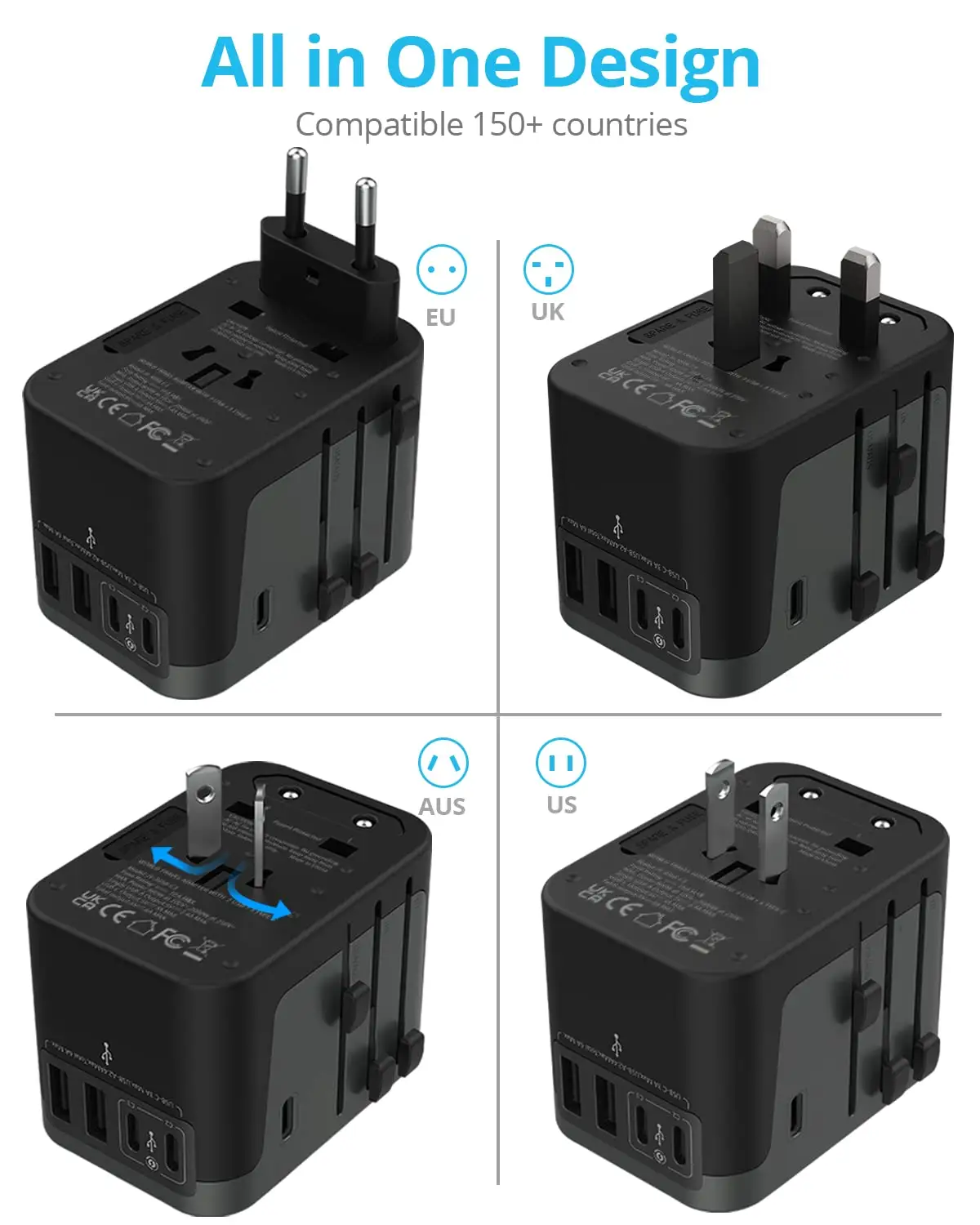 VINTAR World Travel Adapter International Universal Plug with 3 USB Ports and 2 Type C Multi Plug Travel Adapter