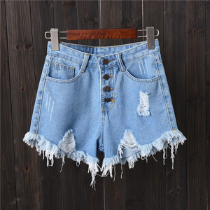 Cộng với kích thước Chất lượng cao Phụ nữ mùa hè rộng chân quần short ăn xin thô cạnh quần short nóng màu xanh đen xám tách ra Quần short denim ngực - Product Image 4