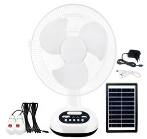 Ventilateur d'extraction industriel sur pied unique pour usage commercial, blanc, avec chargeur solaire, deux ventilateurs solaires rechargeables avec LED - Product Image 1
