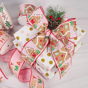 Fita de Natal com Borda Aramada, 10 Jardas/Rolo, 38mm e 63mm de Largura, Rosa, com Motivos de Boneco de Gengibre, Cabana de Neve e Guirlanda - Product Image 4
