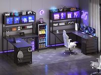 Bureau de jeu en forme de L avec tiroirs, bureau de jeu avec panneau perforé, lumières LED et prise de courant, bureau de maison, noir