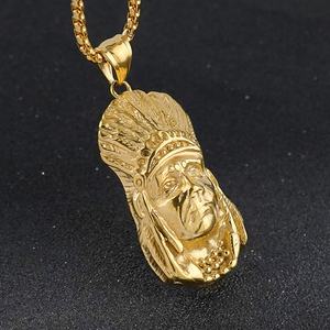 Pendentif pour homme en acier inoxydable, tête de chef indien vintage, pour motard, bijoux hip-hop dorés pour fêtes, symbole chrétien - Product Image 4