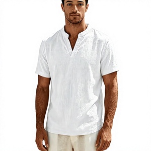 Men's Henley <b>Shirt</b> 100% French Linen Single Button 140g Breathable Stand Collar Outdoor Short Sleeve Casual Comfortable Summer - Product Image 2