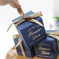 Boîte d'emballage de chocolat bleu marine feuille d'or enregistrer la date emballage de cadeau de mariage boîtes de bonbons avec nœud en ruban