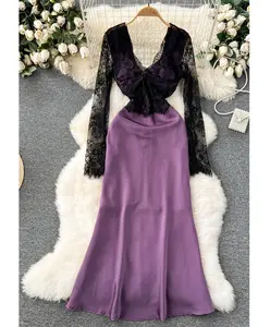 Robe de soirée longue en dentelle à col en V pour femmes