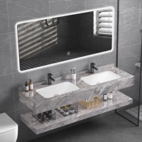 Meuble de salle de bain d'hôtel moderne de luxe avec lavabo intégré en dalle de roche double couche et miroir LED tactile éclairé