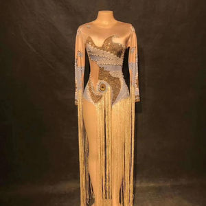 Đầm Ngọc Trai Vàng Tua Rua Body Người Lớn Trang Phục Sân Khấu Nữ Ca Sĩ Jumpsuit Trang Phục Nhảy Múa Gợi Cảm Đội Nhạc Sân Khấu - Product Image 1