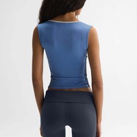 T-shirt sans manches en modal respirant pour femme, coupe décontractée, col en V, avec lien frontal contrastant, toucher doux et poids moyen, personnalisable avec logo