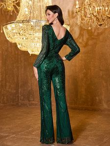 Elegante Mono Largo Ajustado para Mujer con Lentejuelas, Cuello Redondo, Manga Larga Abullonada, Estampado Aleatorio Verde y <span class=keywords><strong>Espalda</strong></span> <span class=keywords><strong>Descubierta</strong></span> - Product Image 2