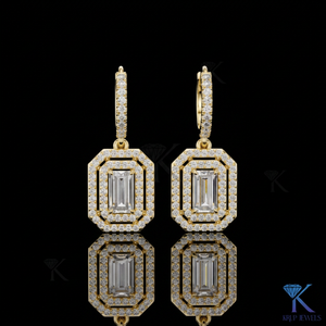 Lab Grown Diamond Emerald Cut Double Halo Drop <b>Earrings</b> Pave <b>Hoop</b> Leverback 18K <b>Solid</b> Gold Classic Fine Women's Wedding Party - Product Image 1