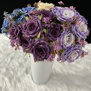Flores Queyiyi, Rosa Artificial de 7 Cabezas, Color Morado, Azul y Blanco, Decoración de Interiores, Adorno para Sala de Estar y Bodas - Product Image 1