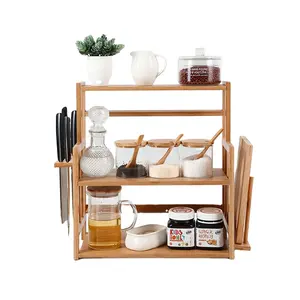 Supplier Bamboo Standing Storage Shelves 3 Tier Bamboo Spice Rack with Knife Rack Dish Drying Rack