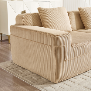 Canapé d'angle modulable 3 places convertible, sectionnel Cloud, assise profonde, avec coussins décoratifs modernes, en tissu velours côtelé camel - Product Image 6