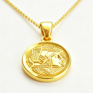 Pendentif circulaire plaqué or sur le thème de la pyramide avec collier médaillon à motif en relief - Product Image 3